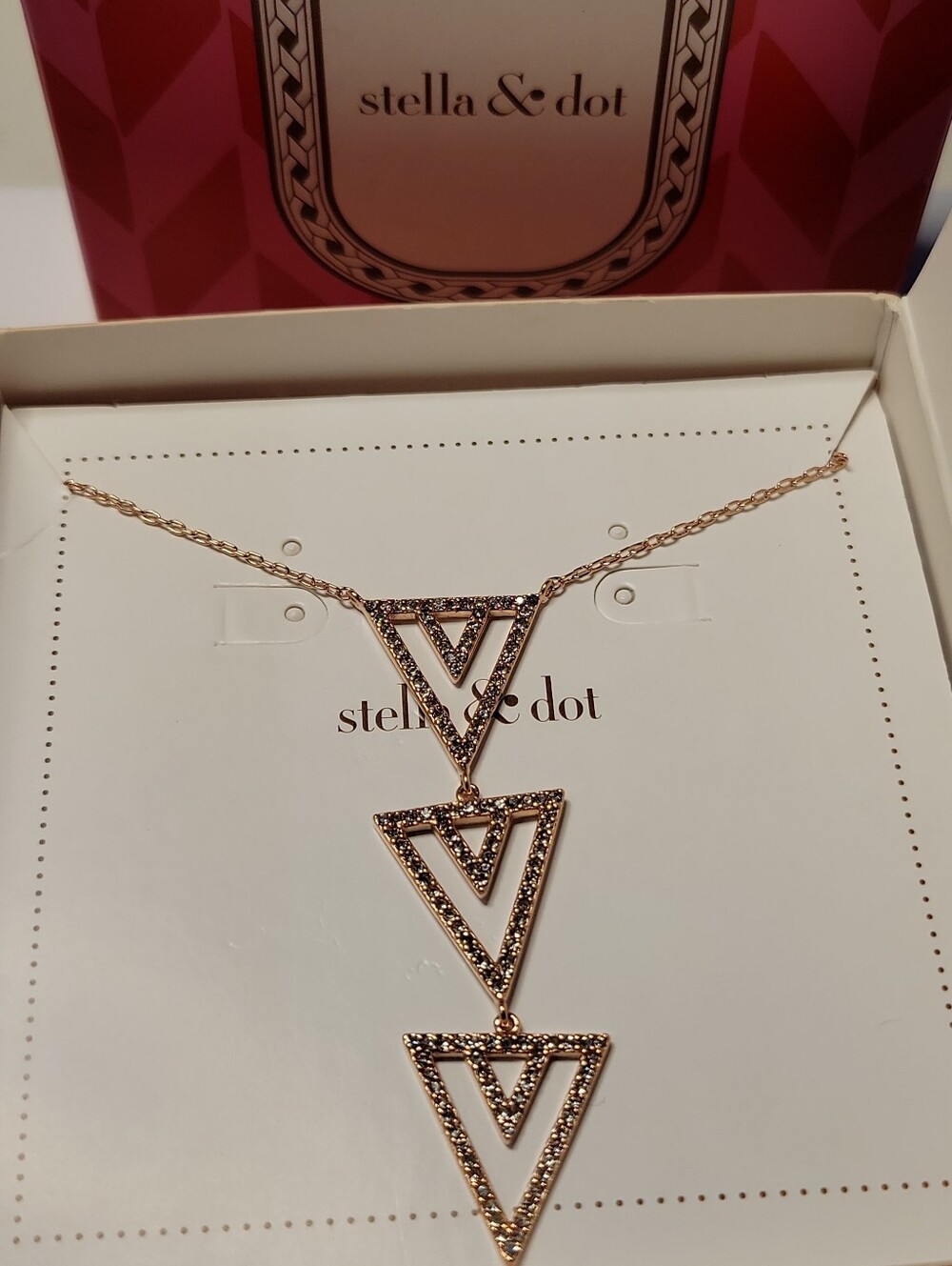 New In Box Stella&Dot Pave Crystal Spear Necklace Rose Gold Triangle 16to18 In.